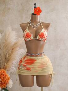 Bellisia Set Bikini 3 Potong Seksi Motif Leopard dengan Cup Segitiga dan Rok Jala serta Tali Samping untuk Wanita - Kuning - View 2