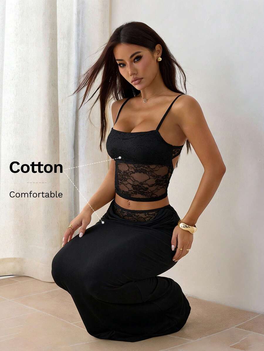 SHEIN PETITE 女士夏季蕾絲拼接透視兩件式套裝 開背上衣+長裙 性感優雅 節慶穿搭 情人節約會音樂節宴會輕便洋裝 適合秋冬內搭 棉混紡舒適 春夏秋冬皆適用 - 黑色 - 查看 1