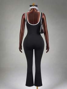 Mistrie Damen Yoga Outdoor Fitness Jumpsuit mit breiten Trägern, eng anliegende ausgestellte Hose mit kontrastfarbigen Streifen, Yoga Jumpsuit Activewear Jumpsuit Sport - Schwarz - Übersicht 2