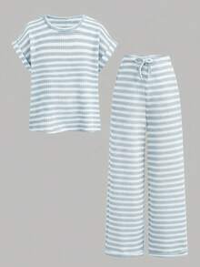 Firerie Kids Firerie Kids Tween女孩條紋短袖T恤搭配抽繩腰長褲休閒日常套裝 - 藍白色 - 查看 7