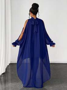 Maweii Vestido elegante de talla grande de unicolor con cuello alto, hombros descubiertos, corto por delante y largo por detrás para otoño - azul real - Ver 2