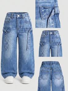 SHEIN Elladie kids 女童休閒日常復古水洗藍色牛仔寬腿牛仔褲，寬鬆舒適褲款，側邊綁帶蝴蝶結設計，適合日常穿著與度假場合 - 淺色水洗藍 - 查看 9