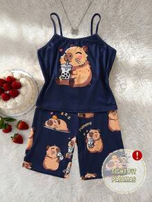 Teen Girls Royal Blue Cute Capybara Print Camisole Top And All-Over Capybara Print Shorts Set Pajamas Tight Homewear - Royal Blue - View 4