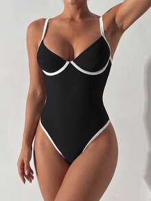 Swim Chiccia 棕色 Monokini 全新纯色软杯带钢圈高开裆拼接拼色泳衣 - 黑色 - 查看 4