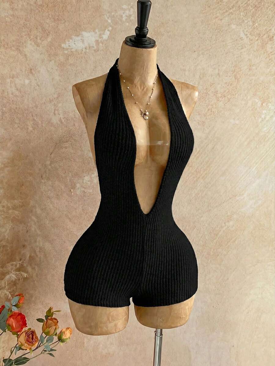 Soleia Women's Vacation Black Ribbed Knit Deep V Backless Bodysuit, Fashionable Fitted Romper For Party, Date, Afternoon Tea, Boho Beach Summer Outfit - Black - View 1