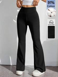 SHEIN PETITE 休閒百搭純色寬腰喇叭褲 - 黑色 - 查看 5