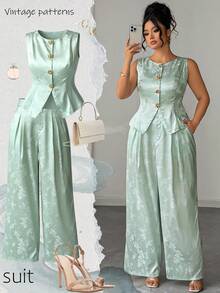 Elenzga Plus Size Women's Floral Print Metal Single-Breasted Top And Wide Leg Pants Casual Daily Outfit - Mint Green - View 3