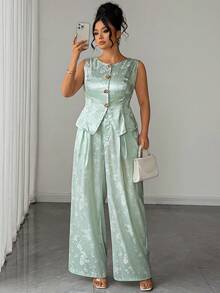 Elenzga Plus Size Women's Floral Print Metal Single-Breasted Top And Wide Leg Pants Casual Daily Outfit - Mint Green - View 7