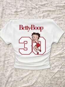 Attitoon Betty Boop x SHEIN 女款休閒抓皺腰方領 Betty 聯名修身短袖 T 恤，適合夏季，時尚 Y2K 風格 - 白色 - 查看 5