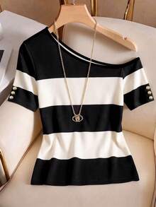 GlowEve Women's Black & White Striped Casual Commute Asymmetric Shoulder T-Shirt - Multicolor - View 3