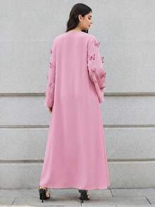 Al Najma 女款 3D 花卉裝飾長袖優雅阿巴雅長袍 - 粉色 - 查看 6