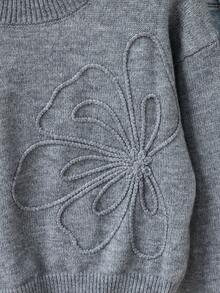 SHEIN 新款時尚百搭可愛手工3D刺繡大花落肩長袖短版套頭毛衣，柔軟舒適面料，適合單穿或疊穿，適合外出、休閒聚會與校園場景 - 灰色 - 查看 5