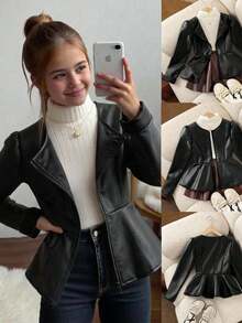 SHEIN Tween Girl PU Lapel Waist-Cinching A-Line Long Sleeve Black Jacket, Suitable For Fall/Winter - Black - View 6