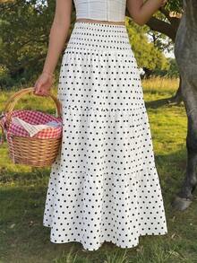 SHEIN MOD 女款抓皺高腰黑白波點印花層次裙，休閒 90 年代可愛 70 年代波希米亞秋季風格，適合大學、野餐、度假、早午餐 - 白色 - 查看 2