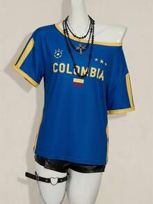 SHEIN ICON Y2K 暗黑復古 Grunge 風格十字印花露肩寬鬆休閒 T-shirt - 藍色 - 查看 3