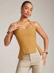 Hauture Top Casual de Escritório Ajustada com Decote Canoa Sexy e Amarração Ajustável nas Costas - Amarelo - Visão 4