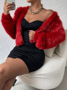 SHEIN LUNE 女款純色毛絨休閒百搭日常穿著開襟衫 - 紅色 - 查看 6