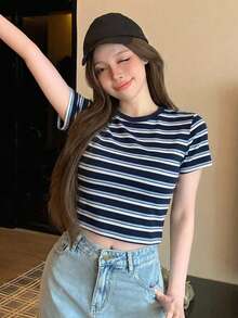 DAZY 春夏修身配色拼接條紋格紋商務休閒風時尚辦公穿搭街頭風底層短袖女款T恤 - 藍色 - 查看 7