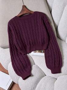 Franclia Casual Versatile Solid Color Cropped Sweater - Bold Plum - View 1