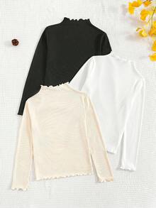 Tween Girl Tween Girl 3pcs Casual All-Match Solid Color Ribbed Lettuce Trim Mock Neck Tee - Multicolor - View 4