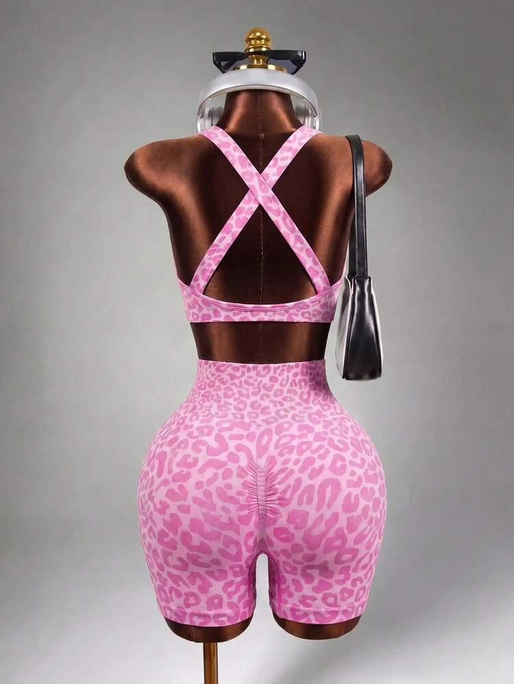Mistrie 2pcs Pink Leopard Print Summer Sexsy Gym Workout Set,Women Twist Knot Sports Bra And Biker Shorts,Matching Yoga Set,Two Piece Workout Shorts Set - Hot Pink - View 2