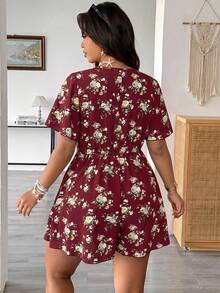 Vionelle Plus Size Floral Print Casual Versatile Romper, Spring/Summer - Burgundy - View 2