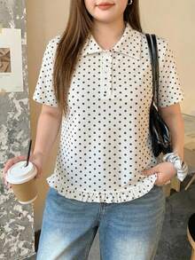 Dazy Plus 韓系時尚波點滿版印花短袖 Polo 衫，黑色大尺碼女款春夏季 T-shirt 可愛上衣 - 杏色 - 查看 3