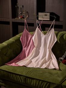 SilkySpell Two-Tone Faux Acetate Hollow Stripe Spaghetti Strap Criss-Cross Back Sexy Nightgown - Multicolor - View 1