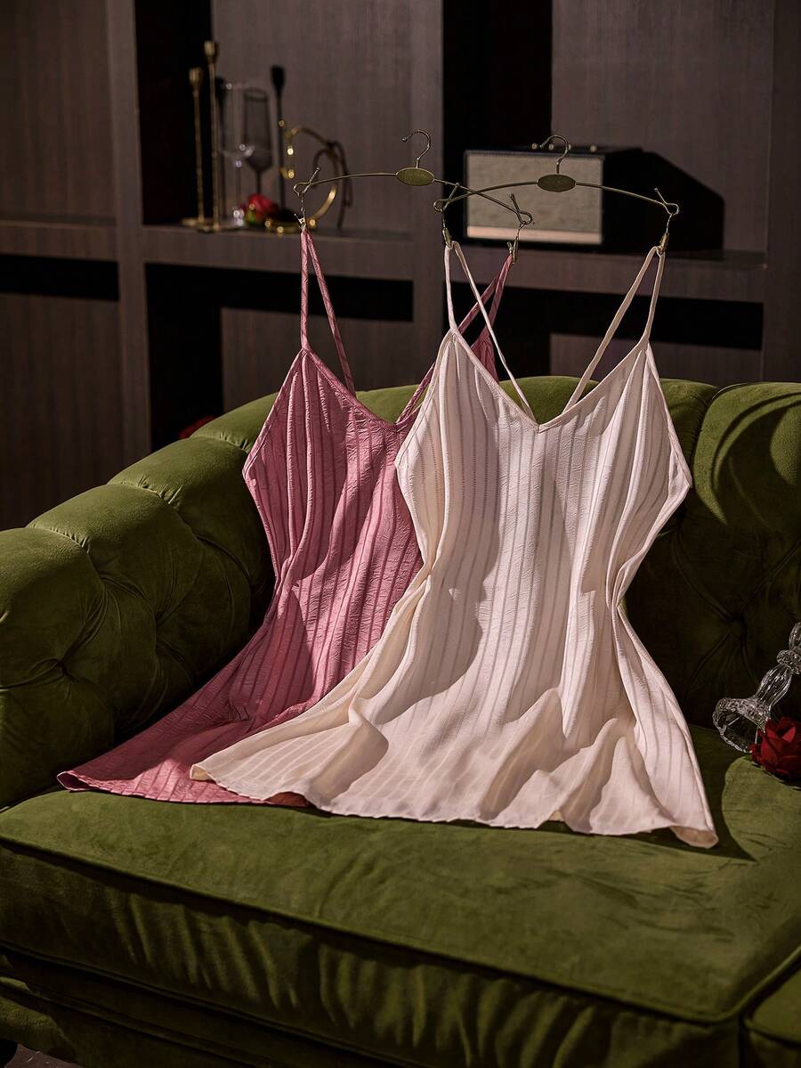 SilkySpell Two-Tone Faux Acetate Hollow Stripe Spaghetti Strap Criss-Cross Back Sexy Nightgown - Multicolor - View 1