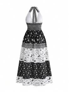 ROMWE Country Punk Witchy Hippie Vacation Style Plus Size Vintage Print High Slit Halter Neck Dress For Women - Black - View 2