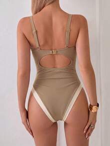 Swim Chiccia Ribbed Contrast Color V-Neck Underwire One-Piece Swimsuit For Women - Beige - View 2