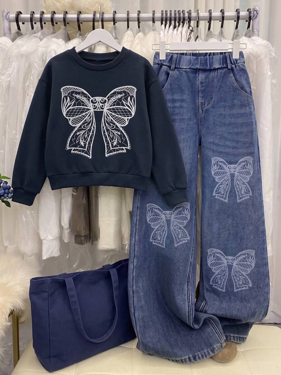 SHEIN Tween女孩 2件組圓領黑白藍休閒韓系可愛俏皮蝴蝶結印花衛衣 水洗寬鬆 S號 開學季秋季穿搭