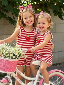 SHEIN Playful Pals 女嬰甜美可愛草莓圖案條紋背心與條紋短褲套裝 春/夏 - 彩色 - 查看 5