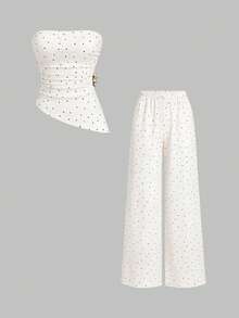 Sweetra Spring/Summer Fashion New Vintage Strapless Ruched Metal Buckle Waist-Cinched Slimming Asymmetrical Hem Top & Minimalist Wide Leg Long Pants Elegant Women's Brown Polka Dot 2-Piece Set - Apricot - View 3