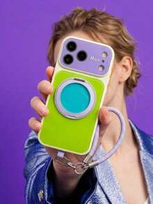 ShellaStory Dopamine Collision Color Pivot Case Wrist Strap Suitable For 17promax Phone Case 16 New Models 15 Day Creative Minimalist 14 Anti Fall Protective Case - Green purple - View 2