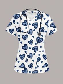 PopScrub Women's Uniform Top, Denim Effect Heart Print Pattern, Suitable For Pet Hospital - Multicolor - View 6