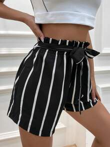 Breezaya Plus Size Black White Vertical Stripe Paperbag Waist Self Tie Bow Loose Casual Lounge Shorts Women Summer - Multicolor - View 3