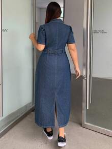 Dazy Petite Curve 深色水洗藍短袖修身長版牛仔洋裝 夏季牛仔服飾 大尺碼小個女款牛仔洋裝 - 深色水洗藍 - 查看 7