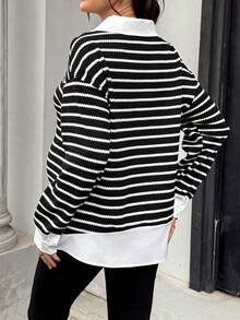 SHEIN Maternity Collared White Pattern Casual Soft Form 1960s Normal Loose Sweatshirt Autumn Outfit For Women Winter Gender Reveal Formal Homewear Office - Black - View 4
