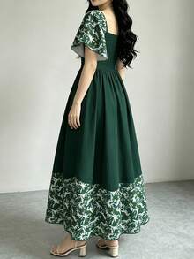 Modelyn Daisy Print Green Shore 女款花卉洋裝，時尚方領短袖洋裝，下擺拼接荷葉邊設計，夏季度假風洋裝 - 彩色 - 查看 2