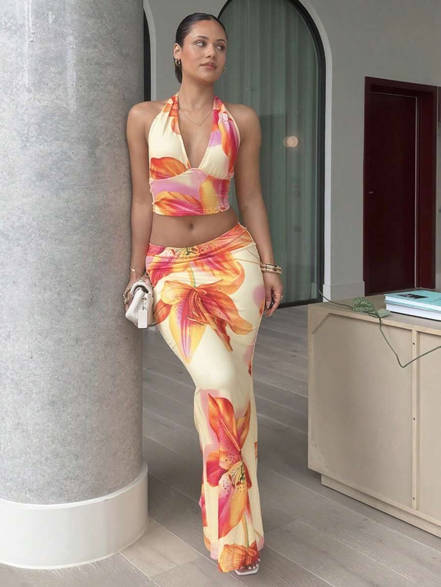 leahseptember 度假約會套裝,印花掛脖上衣與裙子女士兩件套,適合外出約會,西式夏季優雅風 - 彩色 - 查看 1