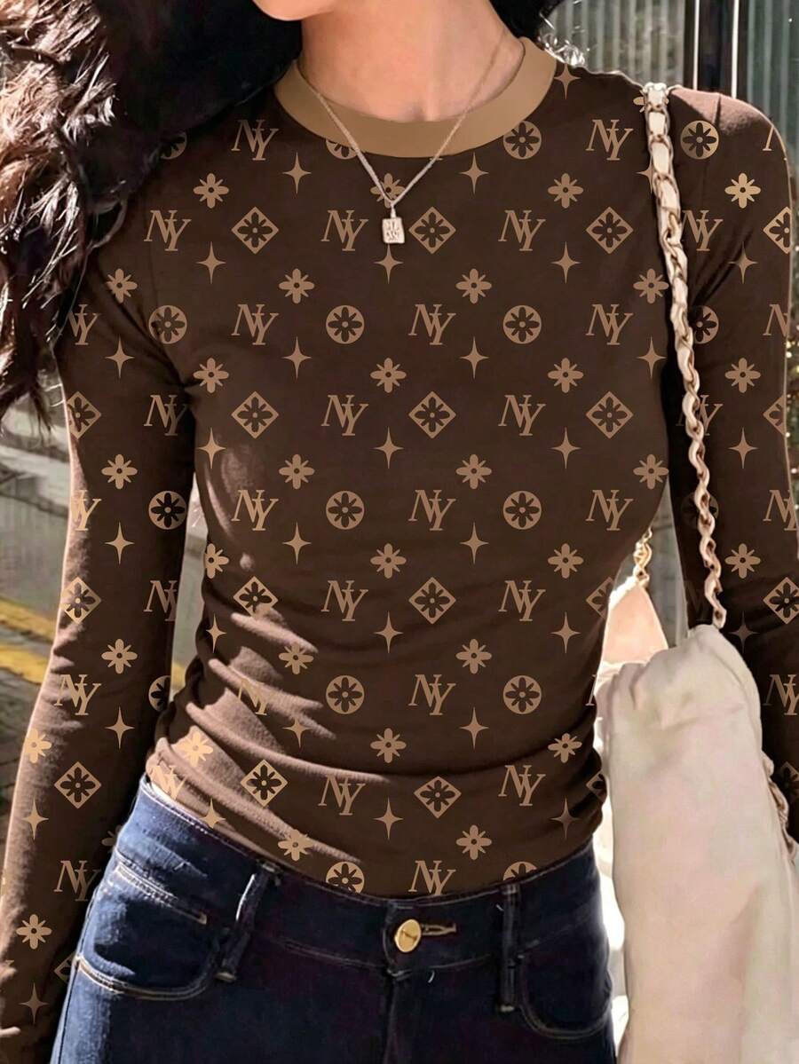 INAWLY 女款全印花圓領休閒日常穿著T恤 - 彩色 - 查看 1