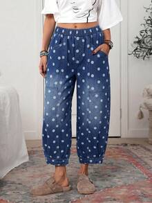 Breezaya Plus Size Jacquard Denim Cropped Dad Pants - Blue - View 6