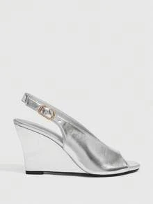 CUCCOO SZL 女款時尚優雅楔形粗高跟涼鞋，圓頭露趾後扣帶 Slingback 玻璃膠款，適合春夏秋季 - 銀色 - 查看 2