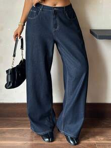 Dazy Plus Dark Wash Blue Loose Wide Leg Street Style Plus Size Women All Season Long Floor-Length Denim Jeans - Dark Wash - View 4