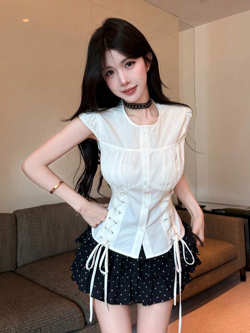 Women's Summer Short Sleeve Off White Side Tie Waist Casual Vintage Cottage Sweet Wedding Day Party Tea Party Banquet Blouse
