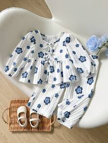 SHEIN Vintaside Kids 2件組女嬰春秋圓領燈籠泡泡長袖荷葉邊前開襟蝴蝶結裝飾上衣直筒長褲套裝 藍色與白色 - 藍色 - 查看 9