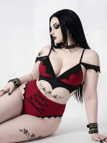 ROMWE Goth 大尺碼女款夏季海灘拼接色性感比基尼三角褲兩件式泳衣套裝 - 彩色 - 查看 1