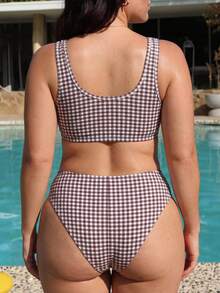 SHEIN Swim 2026 New Women's Plus Size Summer Fashion Bikini Set Set, Square Neck Lace Sleeve Plaid Print Cute Casual Vacation Swimwear 2-Piece Set - Brown - View 5