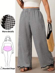 Enliva Plus Size Women's Casual Boho Loose Comfortable Elastic Waist Wide Leg Pants, Vacation Pants, For Apple And Rounded Body Shape Black And White - Blue - View 3